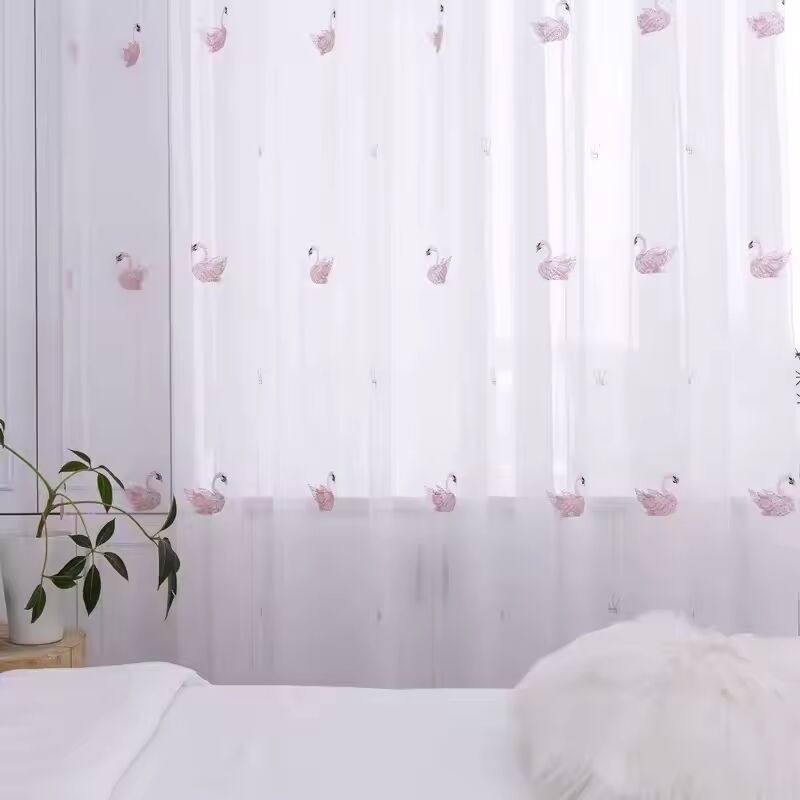 Nordic Swan Embroidery Flower Window Screen Pink Translucent Gauze Curtain Curtains for Living Dining Room Bedroom
