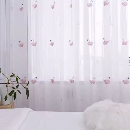 Nordic Swan Embroidery Flower Window Screen Pink Translucent Gauze Curtain Curtains for Living Dining Room Bedroom