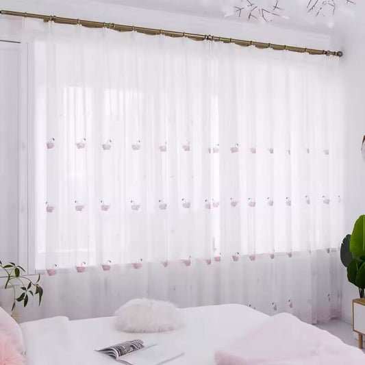 Nordic Swan Embroidery Flower Window Screen Pink Translucent Gauze Curtain Curtains for Living Dining Room Bedroom
