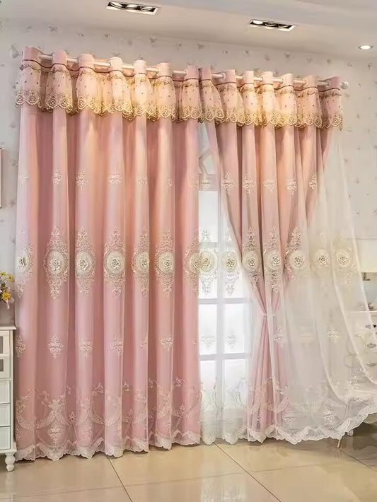 1pc Luxury Double Layer Embroidered Blackout Curtains with Sheer Fabric, Pink Floral Pattern, for Living Room, Bedroom