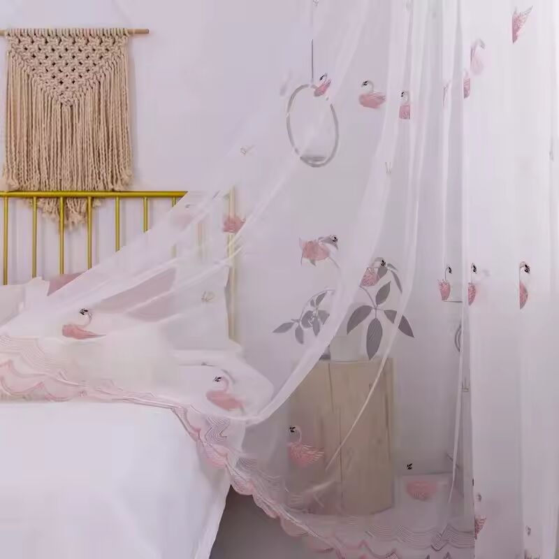 Nordic Swan Embroidery Flower Window Screen Pink Translucent Gauze Curtain Curtains for Living Dining Room Bedroom