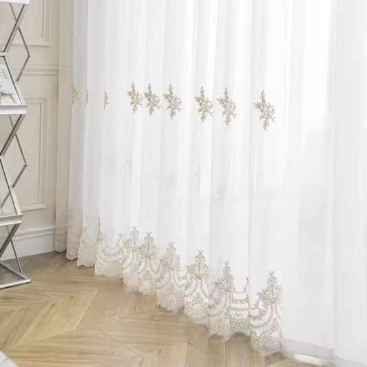 1pc White Flower Pattern Sheer Curtain，France Luxury Embroidery Tulle，for the Various Room and Window Decor